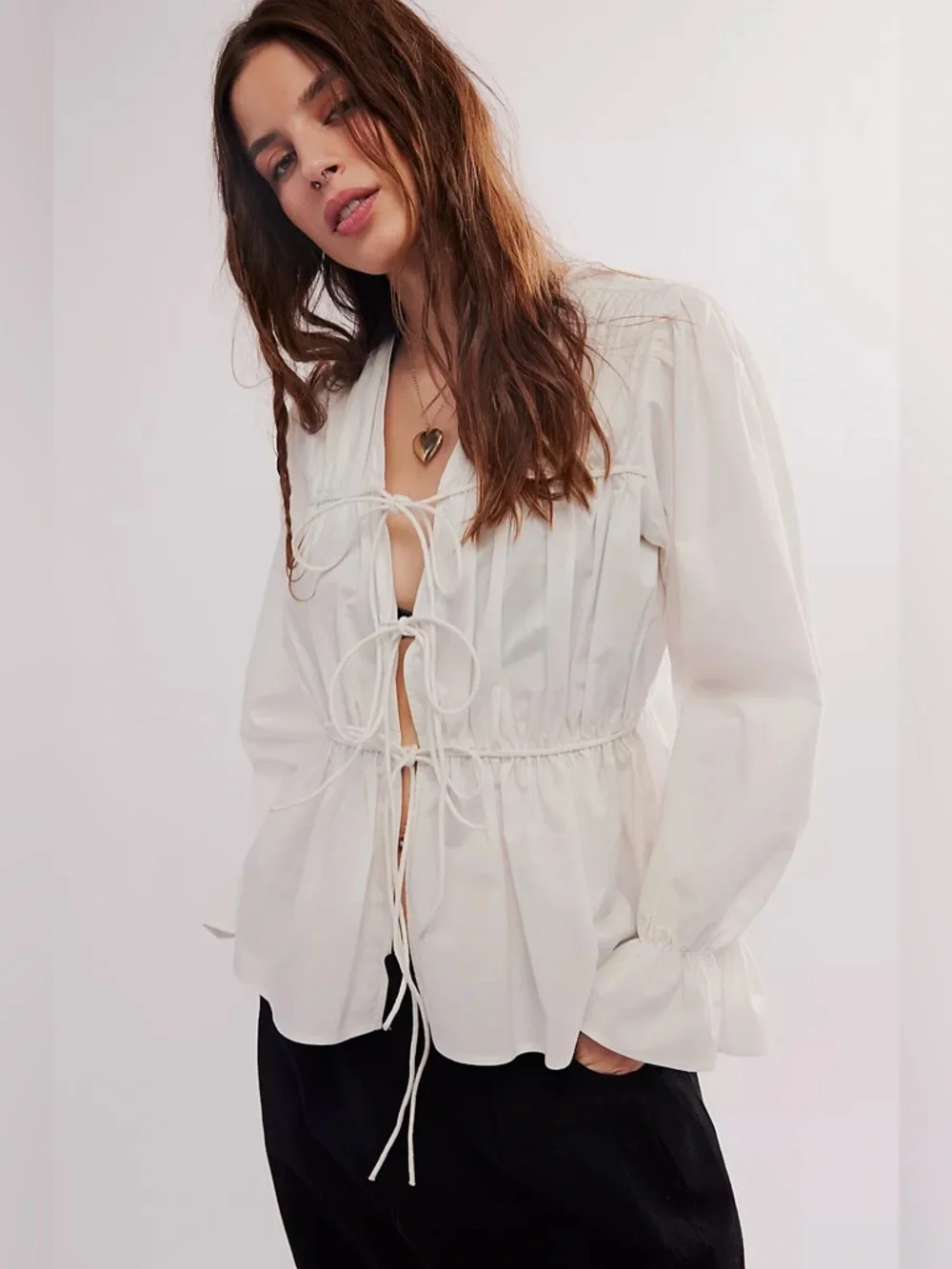 Free People Nigel Preston Poplin Cinched Top In White Size M